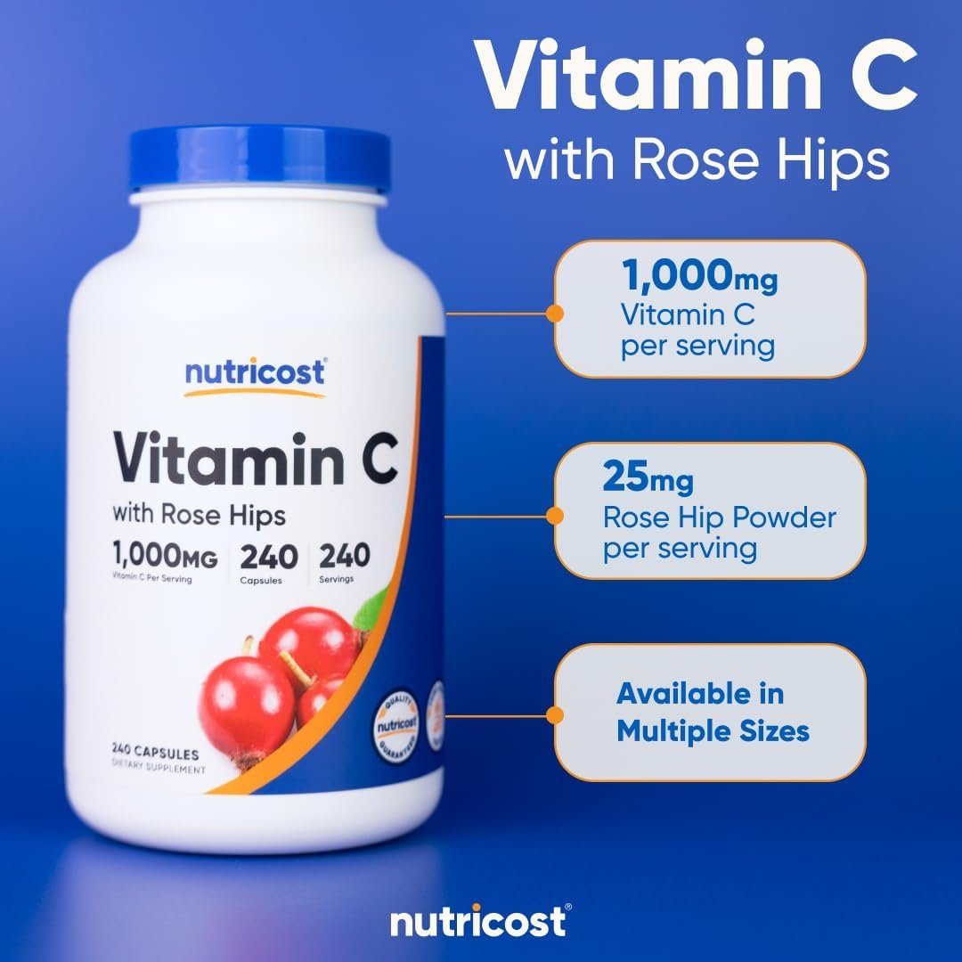 61sc12WDgLL._AC_SL1080_ Nutricost Vitamin C + Rose Hips, 1,000mg, 240 Capsules - Image 1