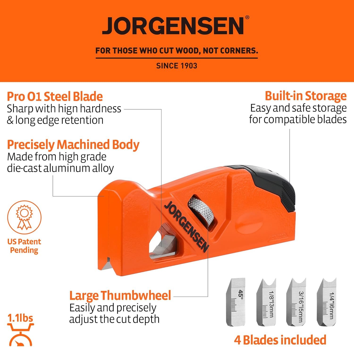 7180iEhX8qL._AC_SL1500_ JORGENSEN Chamfer Plane with 4 Cutter Heads, Edge & Corner Hand Plane for Wood Trimming - Image 1