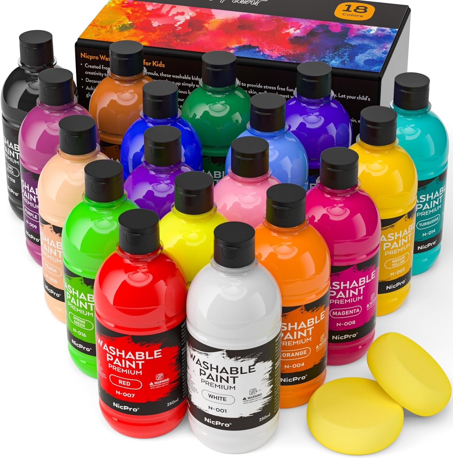 71Ktlzzwi9L._AC_SL1500_ Nicpro 18-Color Large Washable Paint Set 8.4oz (250ml), Non-Toxic Acrylic & Tempera Paint for Kids - Image 1