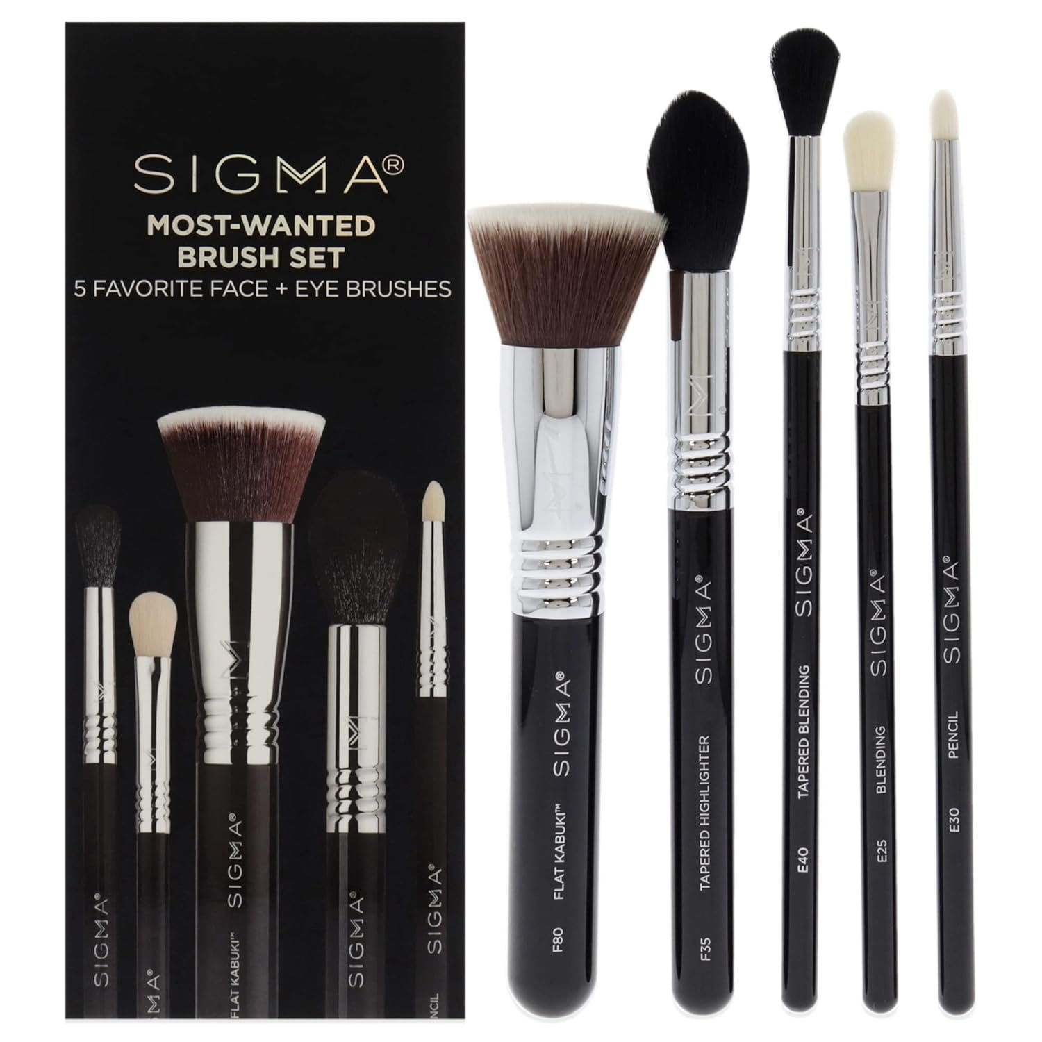 71hwHUl9b2L._SL1500_ SIGMA Beauty Most Wanted Makeup Brush Set, 5 Essential Brushes for Foundation, Highlighter, Eyeshadow - Image 1