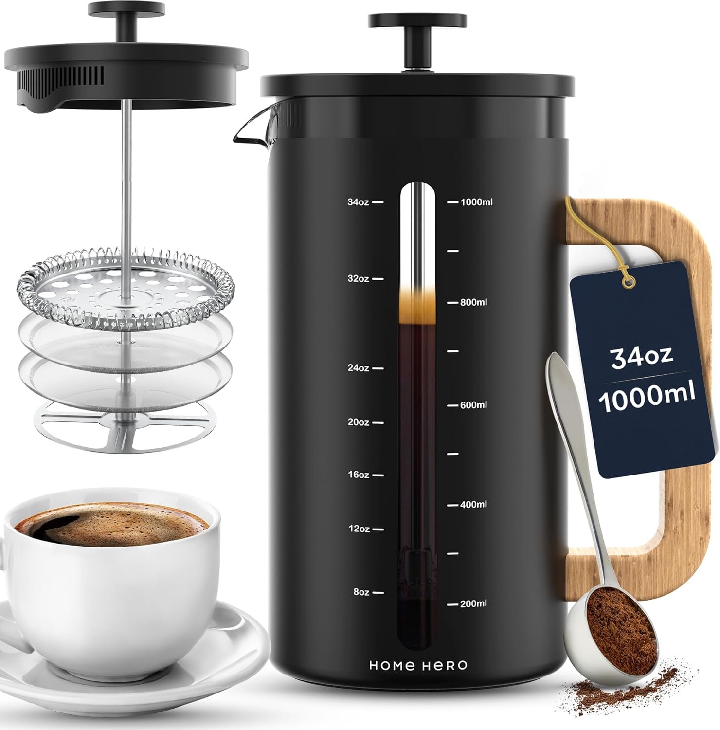 71iUFCvRGRL._AC_SL1500_ Home Hero French Press Coffee Maker, 34 oz – Borosilicate Glass with Bamboo Handle & 4-Layer Stainless Steel Filter (Black) - Image 1