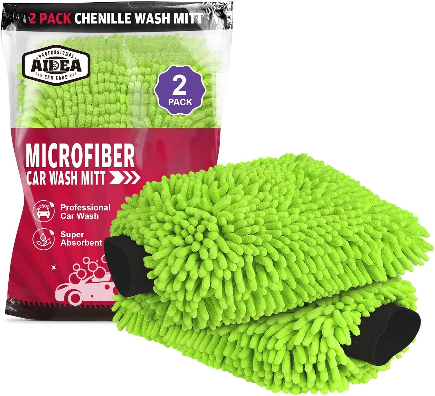 71ug39CDaGL._AC_SL1500_ AIDEA 2-Pack Microfiber Car Wash Mitts, Scratch-Free Chenille, Lint-Free, 7.1" x 10.1" - Image 1