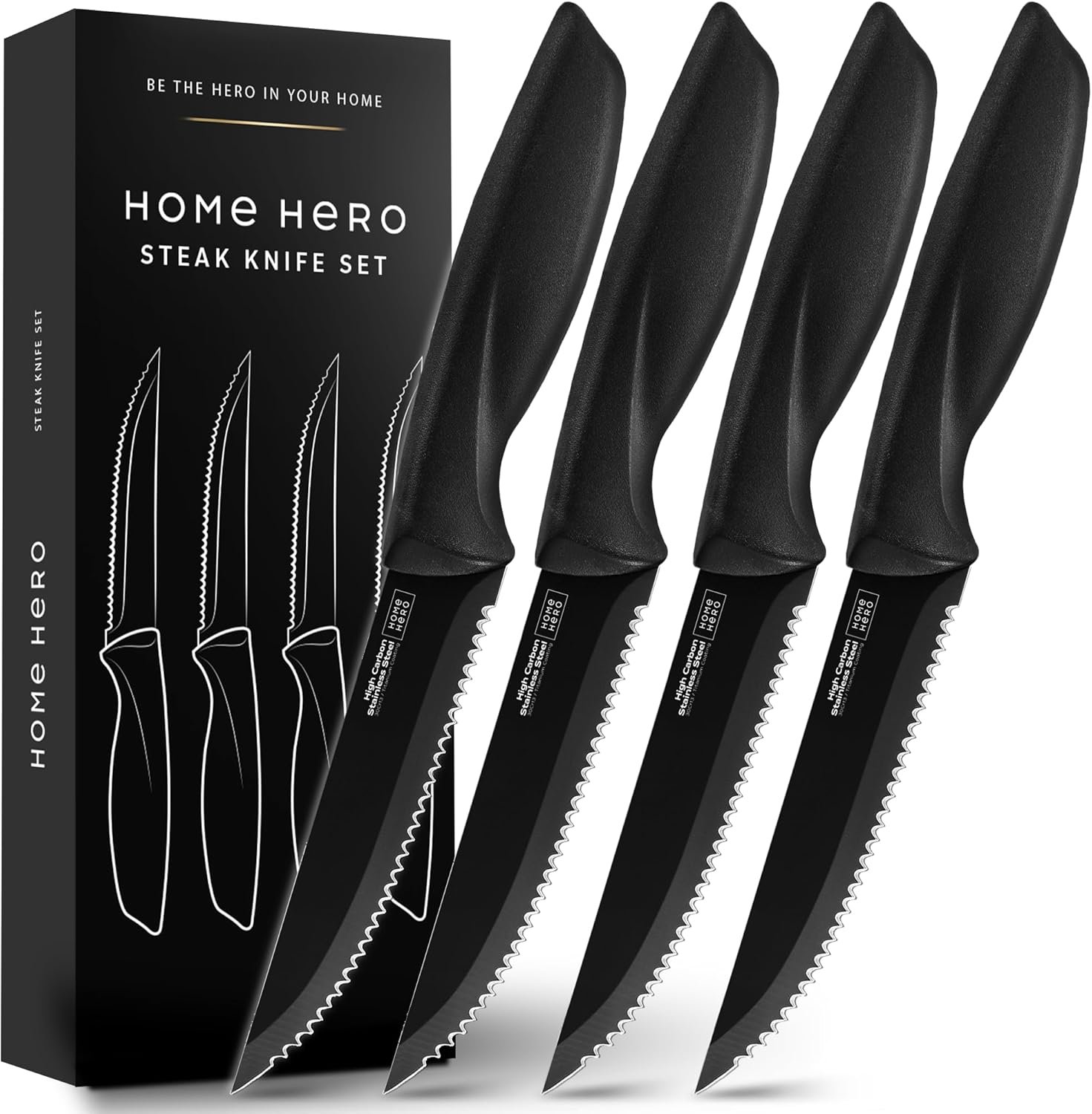 81DJ8QiHWnL._AC_SL1500_ Home Hero Steak Knife Set – Serrated Rust-Resistant Stainless Steel Blades with Comfort-Grip Handles - Image 1