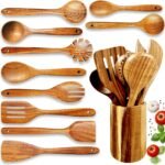 Home Hero 11-Piece Wooden Utensil Set, Natural Teak, Non-Scratch Cooking Spoons & Kitchen Tools
