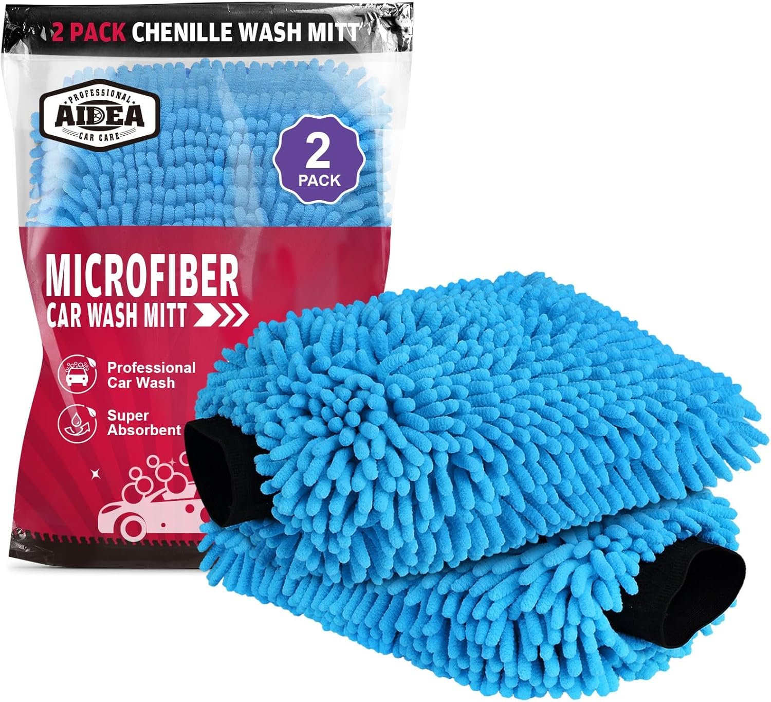 81eB2zwKhNL._AC_SL1500_ AIDEA 2-Pack Microfiber Car Wash Mitts, Scratch & Lint-Free, Premium Chenille, Blue, 7.1" x 10.1" - Image 1