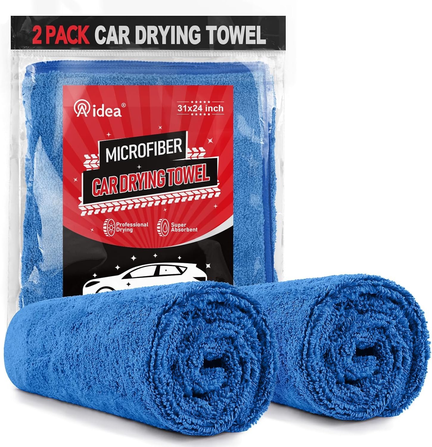 81gU0alY0zL._AC_SL1500_ AIDEA 2-Pack Microfiber Car Drying Towels, Large, Scratch-Free & Absorbent, 24" x 31", Blue - Image 1