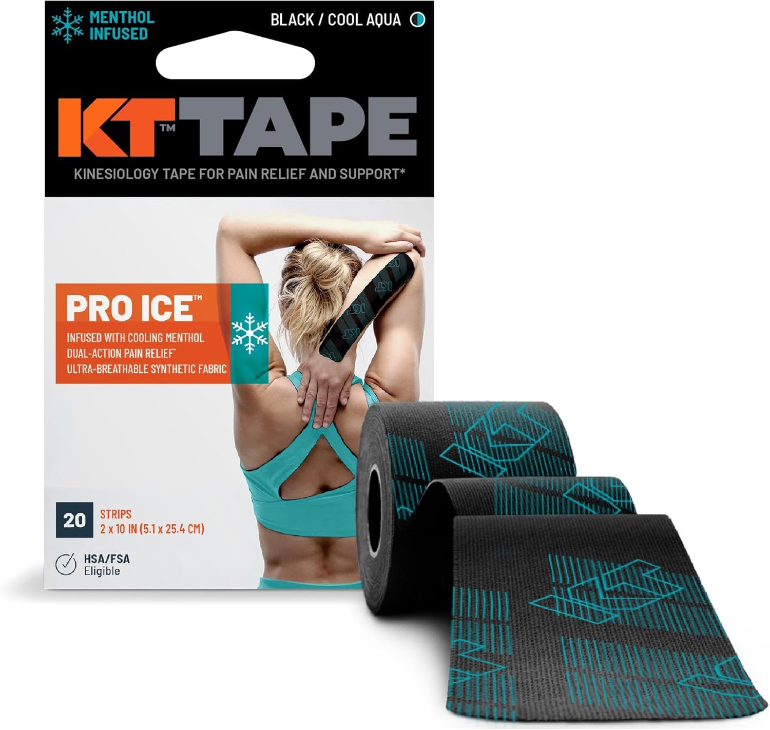 KT Tape Pro Ice Menthol-Infused Kinesiology Tape, 20 Count, 10” Precut Strips, Black - Image 1