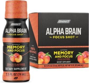 ONNIT Alpha Brain Focus Shot, 6 Pack, Peach Flavor, Nootropic Dietary Supplement Drink for Energy