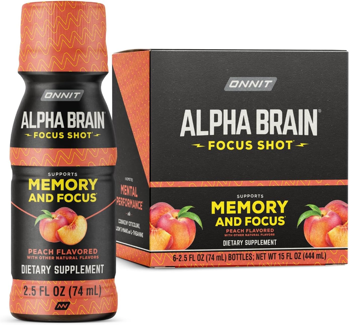 71gx4iXmH5L._AC_SL1500_ ONNIT Alpha Brain Focus Shot, 6 Pack, Peach Flavor, Nootropic Dietary Supplement Drink for Energy - Image 1