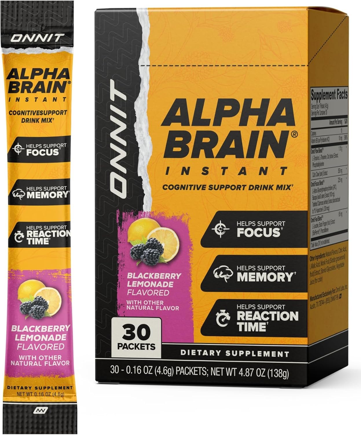 71h4NRCf3ZL._AC_SL1500_ ONNIT Alpha Brain Instant Cognitive Support Drink Mix – 30 Packets, BlackBerry Lemonade Flavor - Image 1