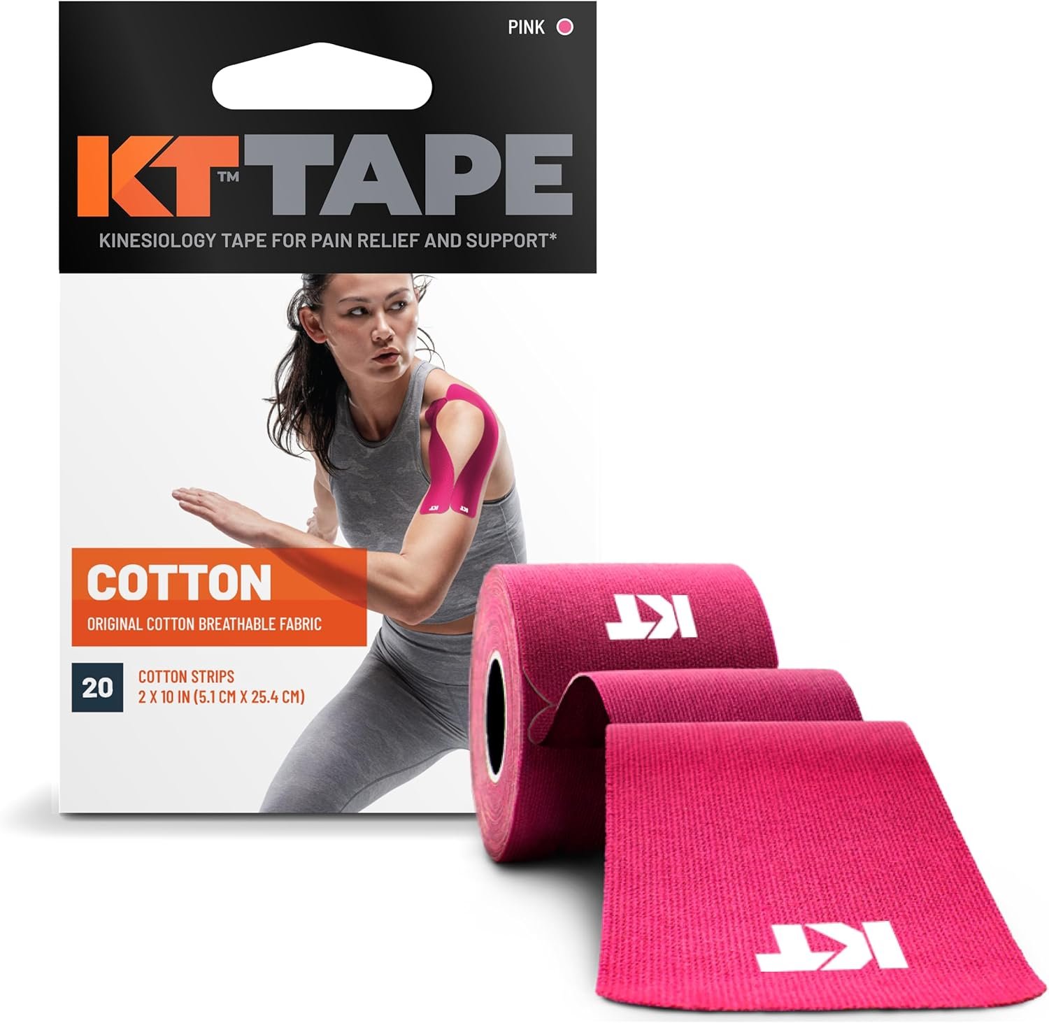 81Butz1Ry6L._AC_SL1500_ KT Tape Original Cotton Elastic Kinesiology Athletic Tape, Pink, 20 Count, 10” Precut Strips for Muscle & Joint Support - Image 1