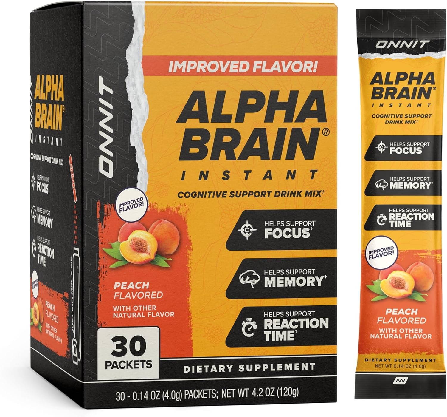ONNIT Alpha Brain Instant Cognitive Support Drink Mix, 30 Packets, Peach Flavor - Image 1
